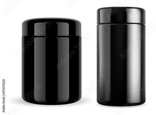 Black jar mockup. Plastic cylinder protein container, sport supplement capsule template. Bodybuilding sport nutrition powder glossy bottle