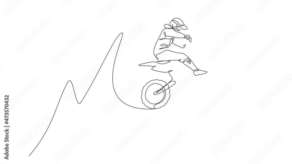 Animated self drawing of continuous line draw motocross rider jumping fly high into the air. Extreme sport concept. Full length single line animation illustration for motocross competition poster. Animated self drawing of continuous line draw motocross rider jumping fly high into the air. Extreme sport concept. Full length single line animation illustration for motocross competition poster.