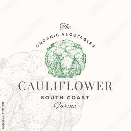 Cauliflower Badge or Logo Template. Hand Drawn Vegetable Sketch with Retro Typography. Premium Plant Based Vegan Food Emblem Isolated