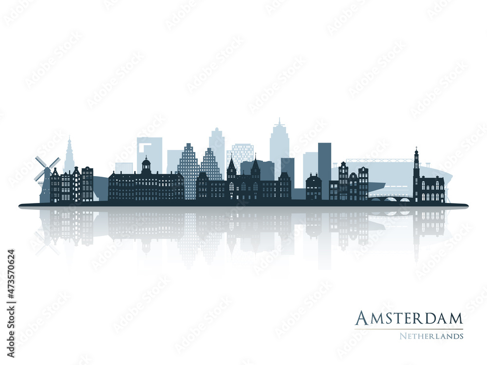 Amsterdam skyline silhouette with reflection. Landscape Amsterdam, Netherlands. Vector illustration.
