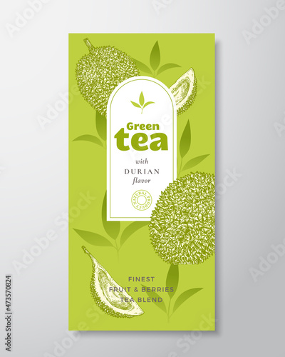 Fruit and Berries Tea Label Template. Abstract Vector Packaging Design Layout with Realistic Shadows. Hand Drawn Durian Fruit and Tea Leaves Decor Silhouettes Background Isolated