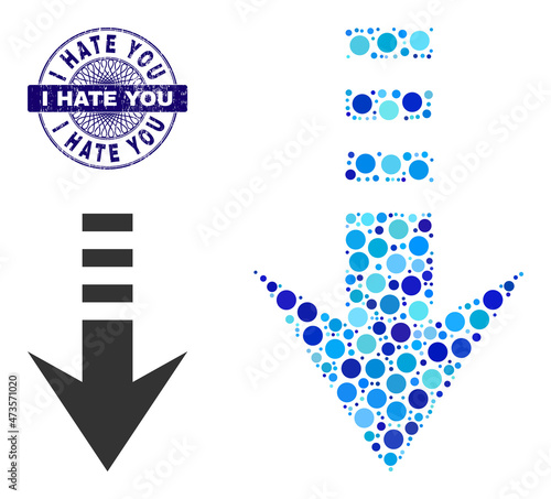 Circle collage send down icon and I HATE YOU round rubber seal. Blue seal includes I HATE YOU text inside circle and guilloche decoration. Vector collage is based on send down symbol,