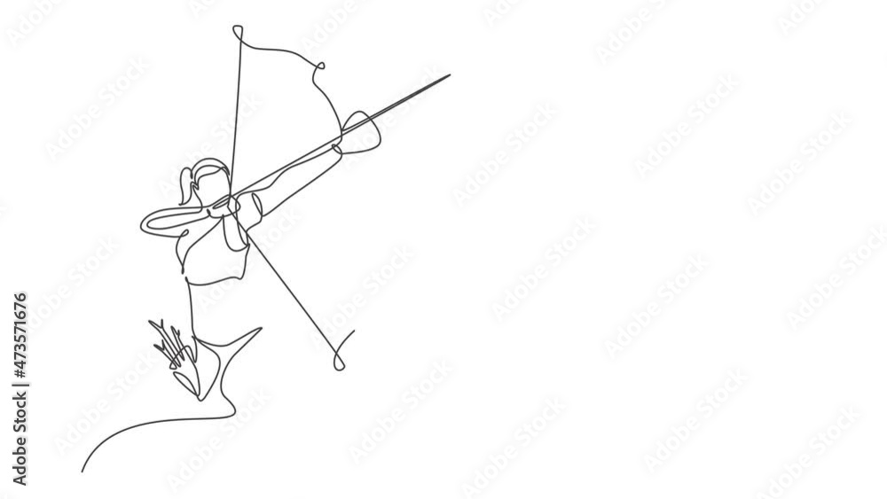 Animated self drawing of one continuous line draw young archer woman pulling the bow to shooting an archery target. Archery sport training and exercising concept. Full length single line animation. Animated self drawing of one continuous line draw young archer woman pulling the bow to shooting an archery target. Archery sport training and exercising concept. Full length single line animation.