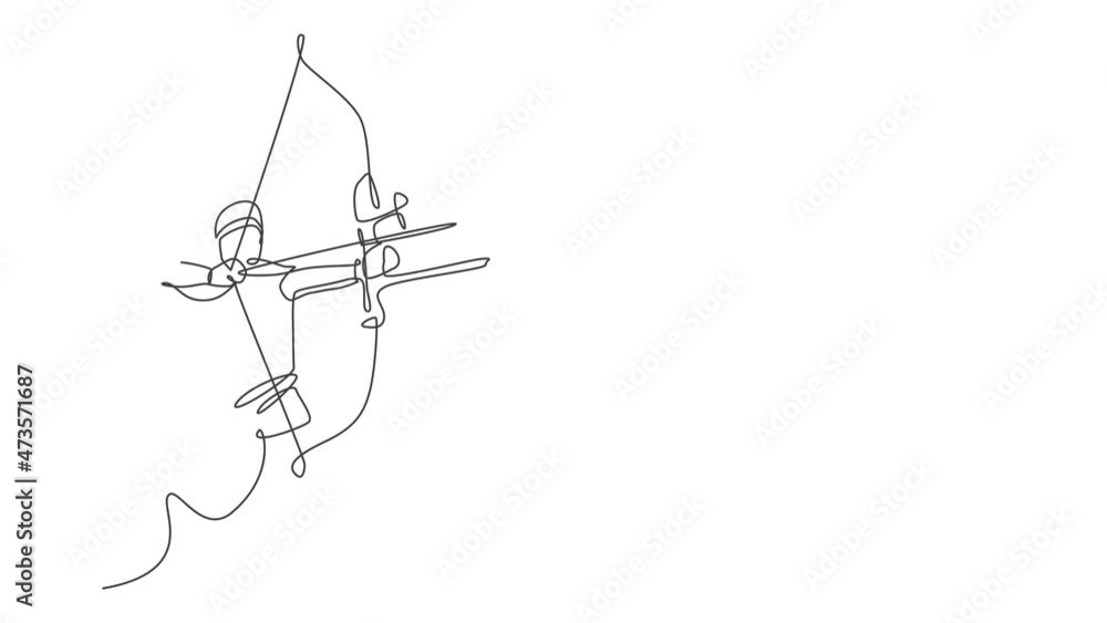 Animation of one line drawing of young archer man focus exercising archery to hit the target. Healthy refresh shooting with bow sport concept. Continuous line self draw animated. Full length motion. Animation of one line drawing of young archer man focus exercising archery to hit the target. Healthy refresh shooting with bow sport concept. Continuous line self draw animated. Full length motion.