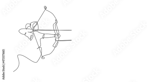 Animated self drawing of continuous line draw young professional archer woman focus aiming archery target. Archery sport exercise with the bow concept. Full length one line animation illustration. photo