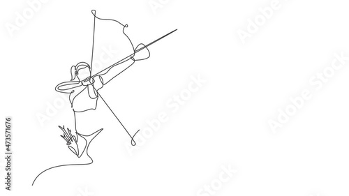 Animated self drawing of one continuous line draw young archer woman pulling the bow to shooting an archery target. Archery sport training and exercising concept. Full length single line animation. photo