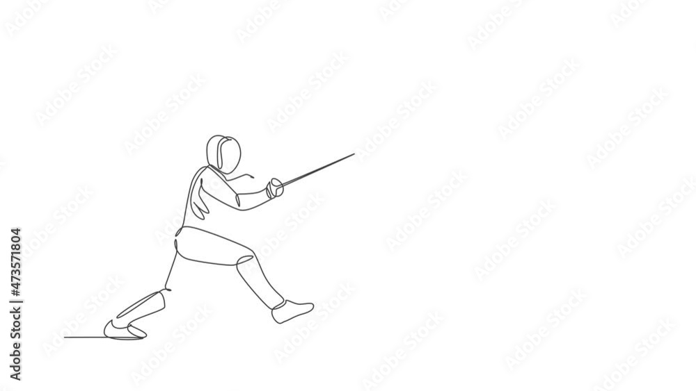 Animated self drawing of one continuous line draw young man fencing athlete practice fighting on professional sport arena. Fencing costume and holding sword concept. Full length single line animation. Animated self drawing of one continuous line draw young man fencing athlete practice fighting on professional sport arena. Fencing costume and holding sword concept. Full length single line animation.