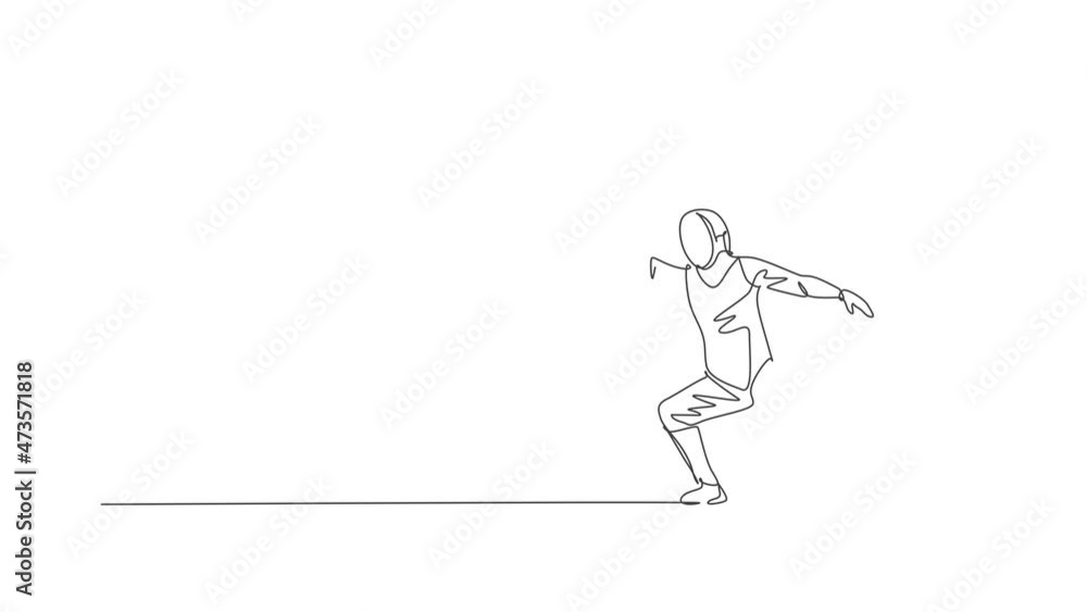 Animated self drawing of single continuous line draw young professional fencer athlete man in fencing mask and rapier. Competitive fighting sport competition concept. Full length one line animation. Animated self drawing of single continuous line draw young professional fencer athlete man in fencing mask and rapier. Competitive fighting sport competition concept. Full length one line animation.