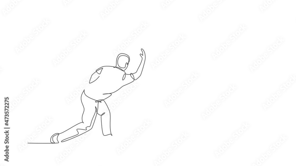 Animated self drawing of one continuous line draw young happy bowling player man throw ball into lane to hit the pin. Healthy sport and lifestyle activity concept. Full length single line animation. Animated self drawing of one continuous line draw young happy bowling player man throw ball into lane to hit the pin. Healthy sport and lifestyle activity concept. Full length single line animation.