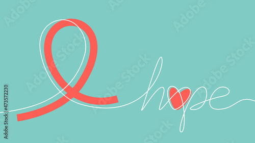 Red ribbon symbol and inscription hope line art. Vector stock illustration. 