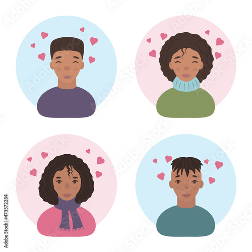 The faces of dark-skinned people. Avatars of happy black men and women. Portraits of smiling people on Valentine s Day. Funny faces with hearts above their heads. Vector illustration