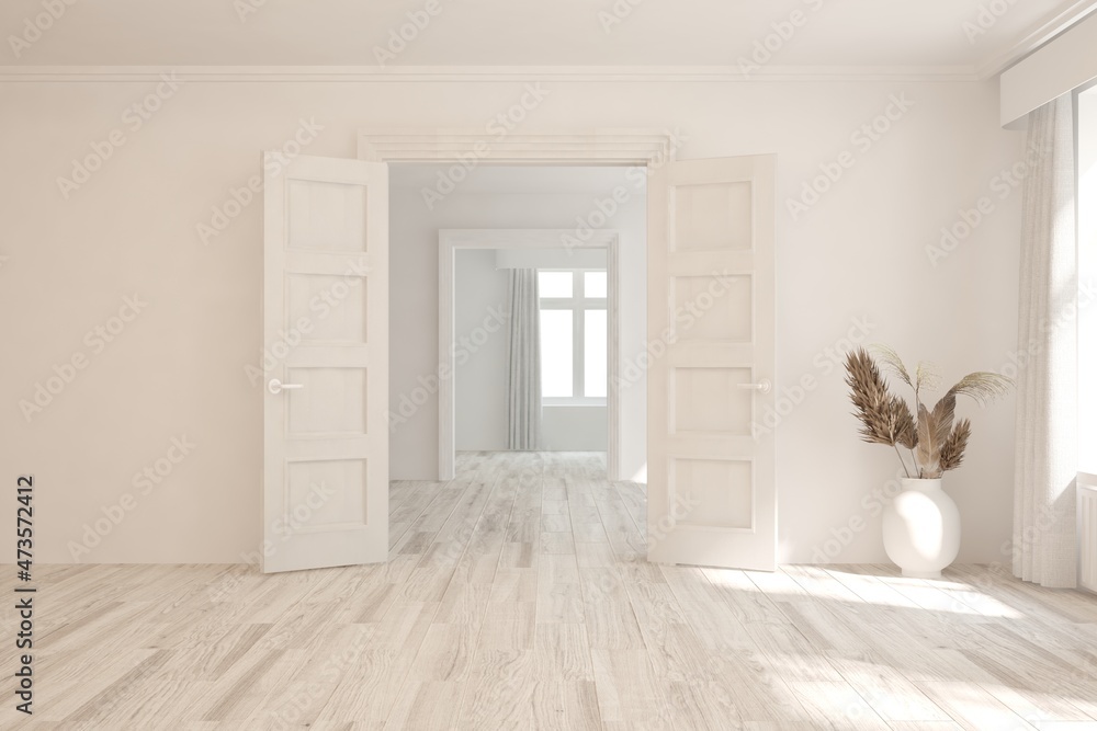 White empty room with vase. Scandinavian interior design. 3D illustration