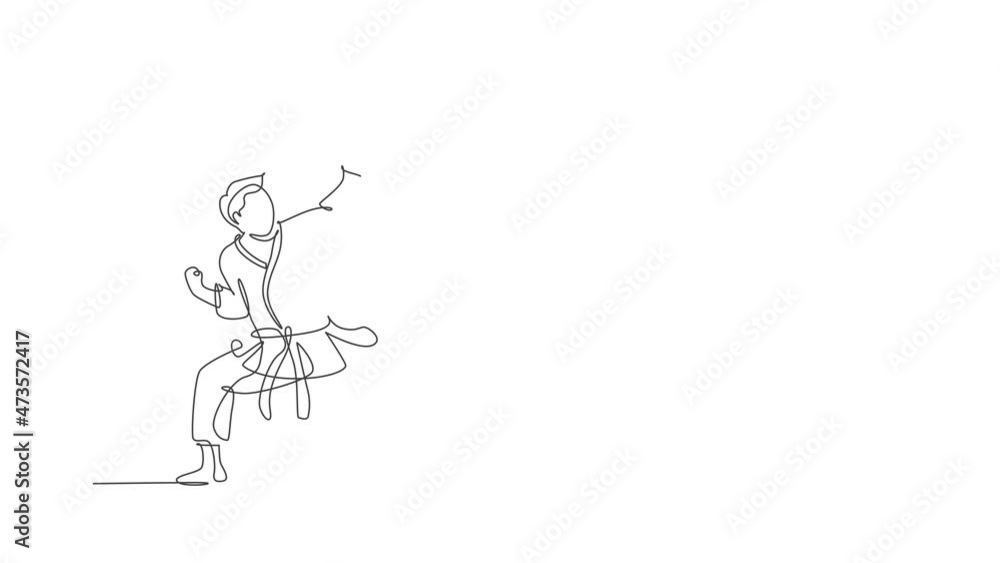 Animation of one line drawing of sporty karateka man in fight uniform with belt exercising martial art at gym. Healthy sport lifestyle concept. Continuous line self draw animated. Full length motion. Animation of one line drawing of sporty karateka man in fight uniform with belt exercising martial art at gym. Healthy sport lifestyle concept. Continuous line self draw animated. Full length motion.