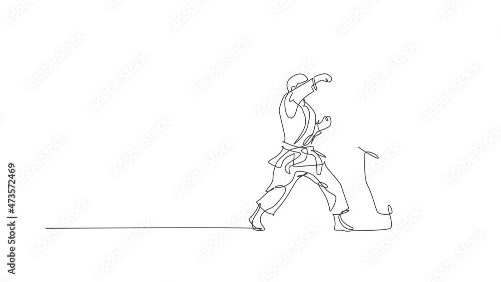 Animation of one line drawing of two sporty karateka men in fight uniform with belt exercising martial art at gym. Healthy sport lifestyle concept. Continue line self draw animated. Full length motion Animation of one line drawing of two sporty karateka men in fight uniform with belt exercising martial art at gym. Healthy sport lifestyle concept. Continue line self draw animated. Full length motion