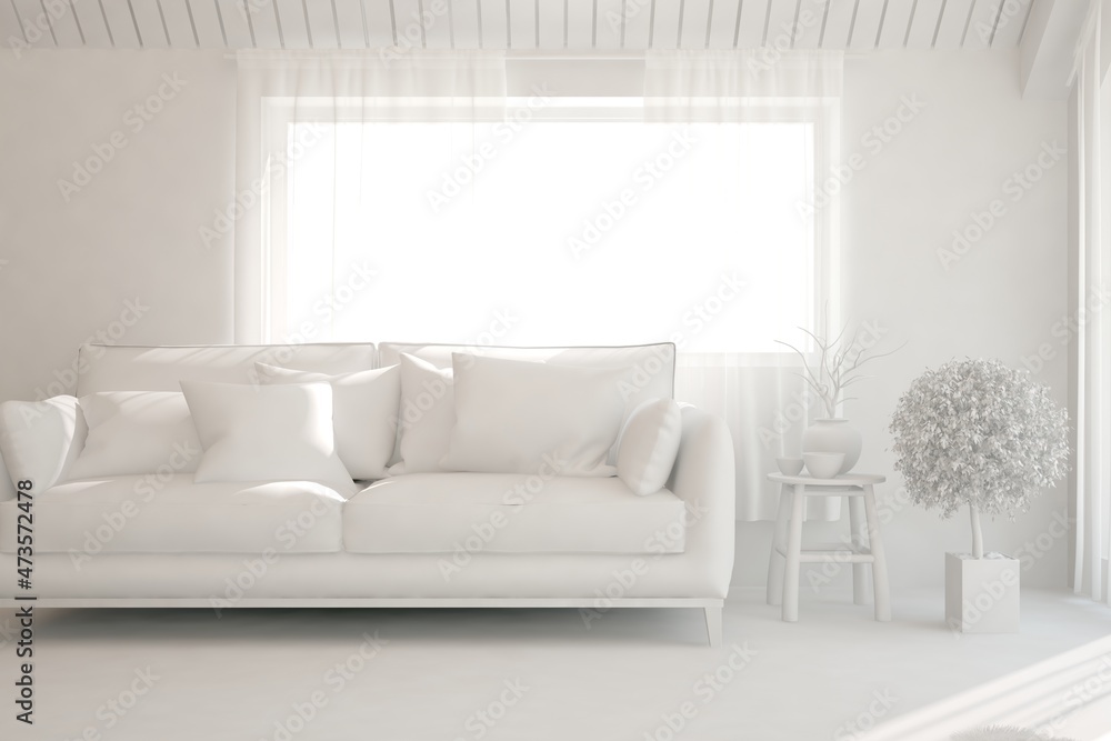 Fototapeta premium Mock up of minimalist living room in white color with sofa. Scandinavian interior design. 3D illustration
