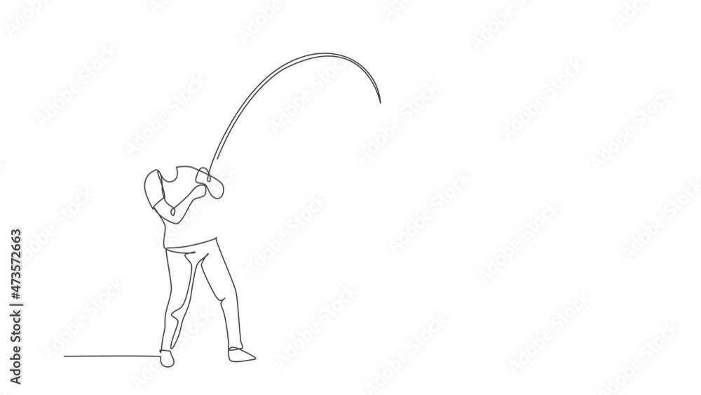 Animation of one line drawing of young happy fisher man standing and flyfishing at the riverside. Holiday traveling for fishing hobby concept. Continuous line self draw animated. Full length motion. Animation of one line drawing of young happy fisher man standing and flyfishing at the riverside. Holiday traveling for fishing hobby concept. Continuous line self draw animated. Full length motion.