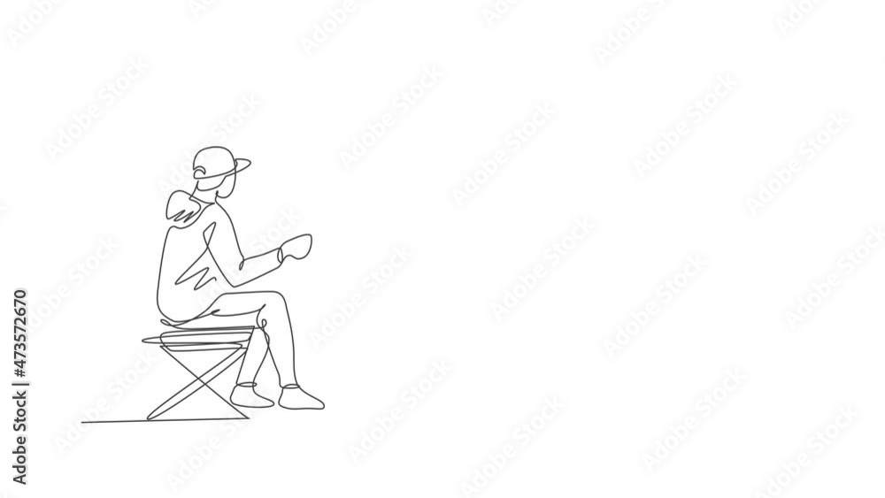 Animation of one line drawing young happy fisher man siting relax and flyfishing at the riverside. Holiday traveling for fishing hobby concept. Continuous line self draw animated. Full length motion. Animation of one line drawing young happy fisher man siting relax and flyfishing at the riverside. Holiday traveling for fishing hobby concept. Continuous line self draw animated. Full length motion.