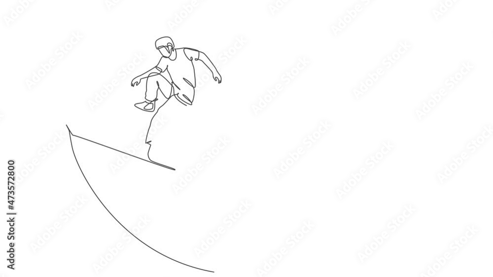 Animation of one line drawing of skateboarder man exercise riding skateboard at ramp board. Teen lifestyle and extreme outdoor sport concept. Continuous line self draw animated. Full length motion. Animation of one line drawing of skateboarder man exercise riding skateboard at ramp board. Teen lifestyle and extreme outdoor sport concept. Continuous line self draw animated. Full length motion.