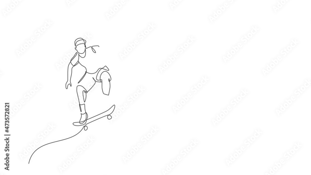 Animated self drawing of single continuous line draw young cool skateboarder man riding skate and performing trick in skate park. Practicing outdoor sport concept. Full length one line animation. Animated self drawing of single continuous line draw young cool skateboarder man riding skate and performing trick in skate park. Practicing outdoor sport concept. Full length one line animation.