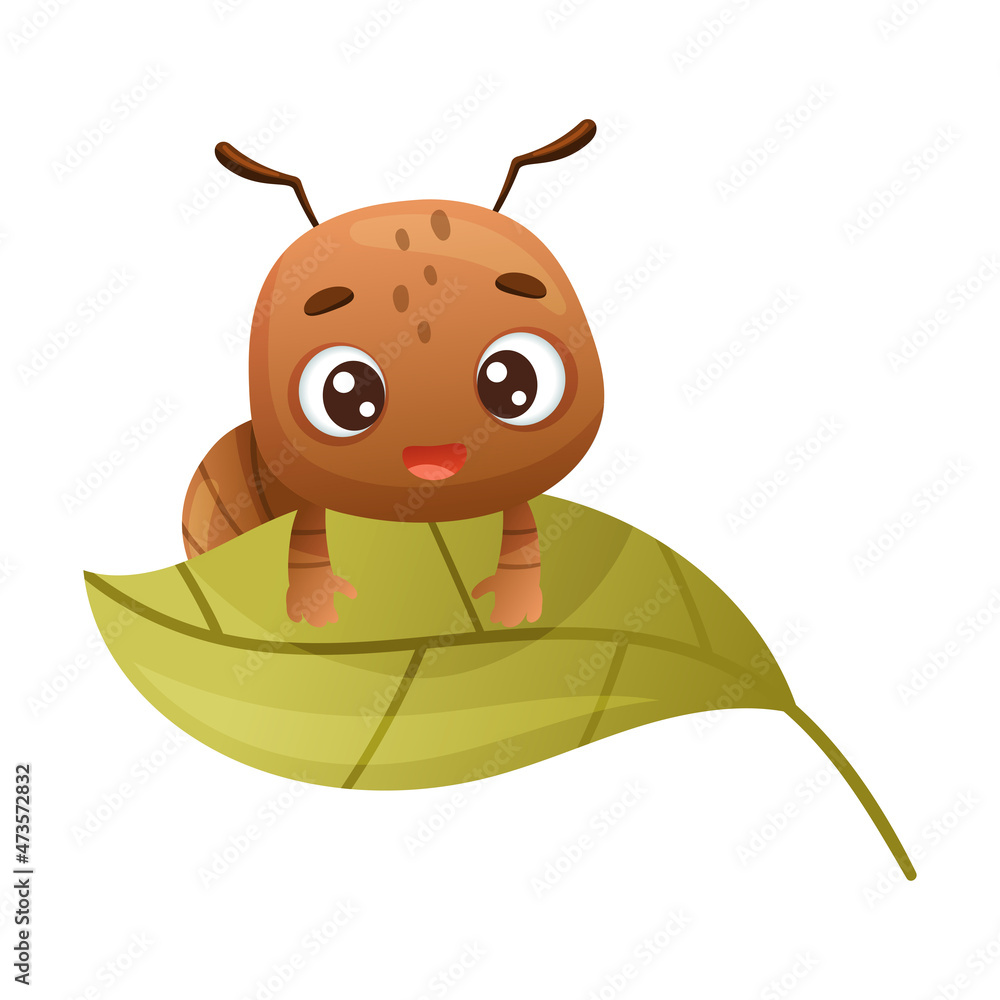 Cute brown little ant sitting on leaf. Funny insect cartoon character vector illustration Cute brown little ant sitting on leaf. Funny insect cartoon character vector illustration