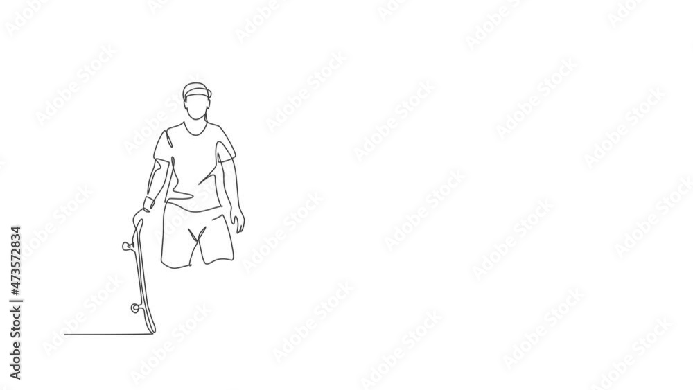 Animated self drawing of one continuous line draw young cool skateboarder man holding skateboard and pose stylish in skatepark. Extreme teenager sport concept. Full length single line animation. Animated self drawing of one continuous line draw young cool skateboarder man holding skateboard and pose stylish in skatepark. Extreme teenager sport concept. Full length single line animation.