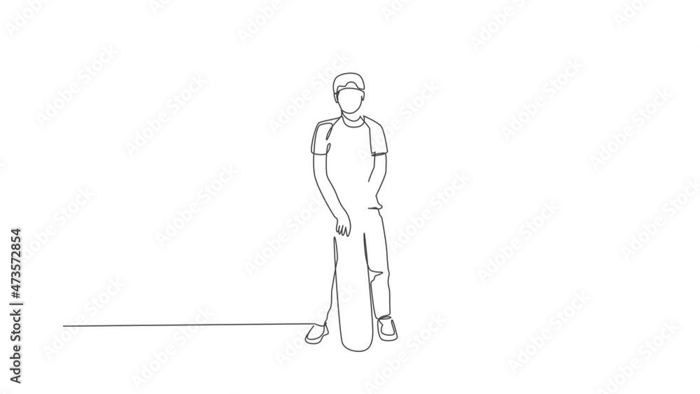 Animated self drawing of continuous line draw young cool skateboarder man holding skate and pose stylish to show apparel shirt in skate park. Outdoor sport concept. Full length one line animation. Animated self drawing of continuous line draw young cool skateboarder man holding skate and pose stylish to show apparel shirt in skate park. Outdoor sport concept. Full length one line animation.