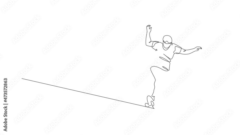 Animated self drawing of single continuous line draw young cool skateboarder man riding skate and performing slide trick in skate park. Practicing outdoor sport concept. Full length one line animation Animated self drawing of single continuous line draw young cool skateboarder man riding skate and performing slide trick in skate park. Practicing outdoor sport concept. Full length one line animation