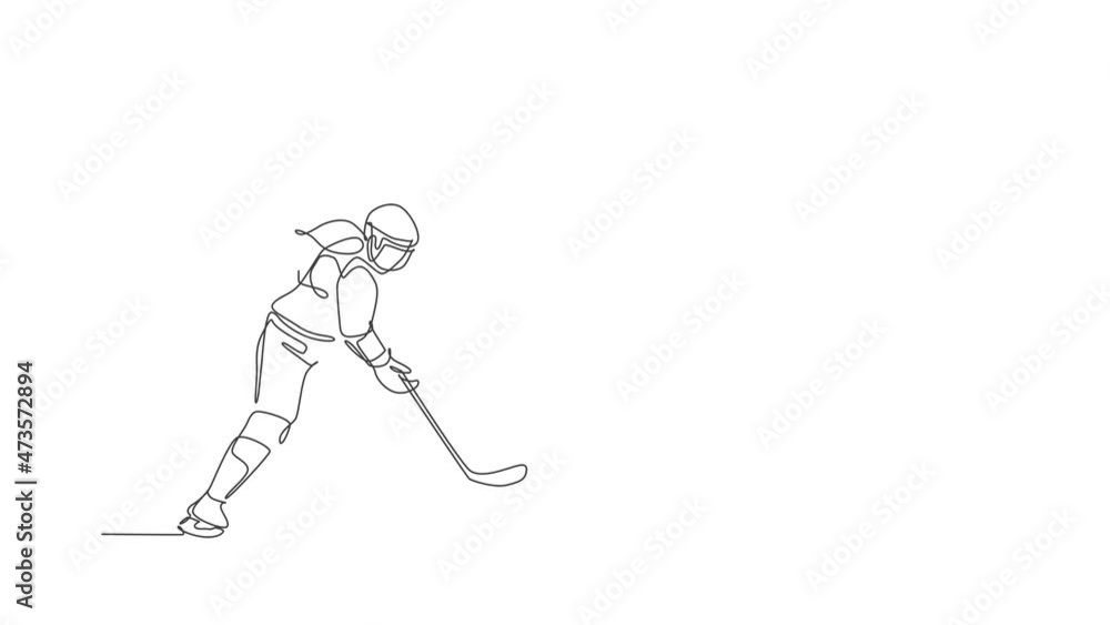 Animated self drawing of one continuous line draw young professional ice hockey player exercising and practicing on ice rink stadium. Healthy extreme sport concept. Full length single line animation. Animated self drawing of one continuous line draw young professional ice hockey player exercising and practicing on ice rink stadium. Healthy extreme sport concept. Full length single line animation.