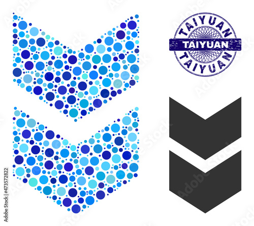 Rounded dot mosaic shift down icon and TAIYUAN round scratched seal. Blue stamp seal includes TAIYUAN caption inside circle and guilloche ornament. Vector collage is based on shift down icon,