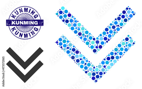 Round dot mosaic shift down icon and KUNMING round corroded watermark. Blue seal includes KUNMING title inside circle and guilloche ornament. Vector mosaic is based on shift down icon,