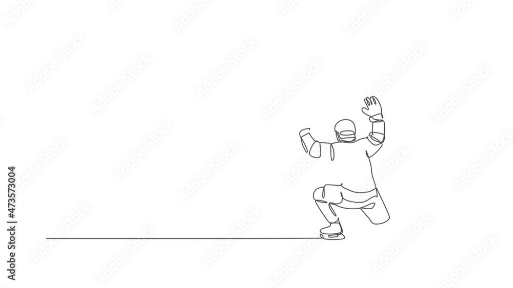 Animated self drawing of continuous line draw young professional ice hockey goalie block the puck shot and defense on ice rink arena. Extreme winter sport concept. Full length one line animation. Animated self drawing of continuous line draw young professional ice hockey goalie block the puck shot and defense on ice rink arena. Extreme winter sport concept. Full length one line animation.
