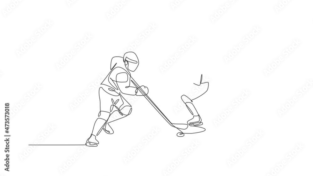 Animation of one line drawing of two young ice hockey player in action to play competitive game on ice rink stadium. Sport tournament concept. Continuous line self draw animated. Full length motion. Animation of one line drawing of two young ice hockey player in action to play competitive game on ice rink stadium. Sport tournament concept. Continuous line self draw animated. Full length motion.