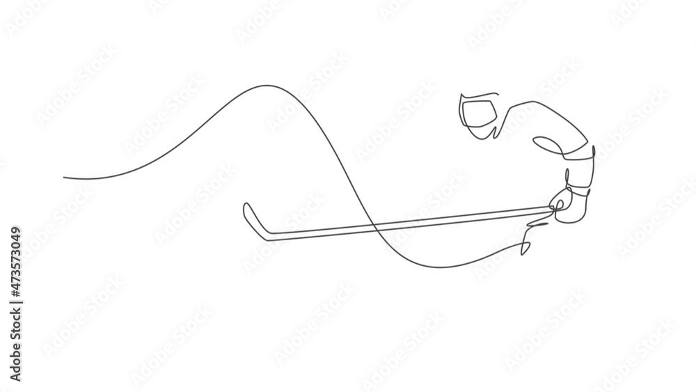 Animated self drawing of one continuous line draw young professional ice hockey player exercising and practicing on ice rink stadium. Healthy extreme sport concept. Full length single line animation. Animated self drawing of one continuous line draw young professional ice hockey player exercising and practicing on ice rink stadium. Healthy extreme sport concept. Full length single line animation.