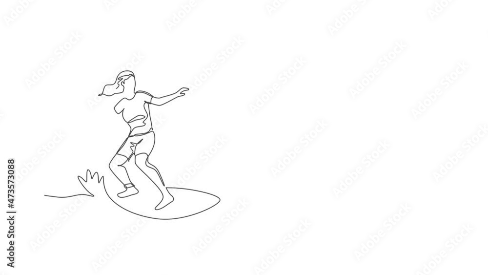 Animated self drawing of one continuous line draw young happy tourist surfer exercising surfing on wavy ocean. Healthy extreme watersport concept. Summer holiday. Full length single line animation. Animated self drawing of one continuous line draw young happy tourist surfer exercising surfing on wavy ocean. Healthy extreme watersport concept. Summer holiday. Full length single line animation.