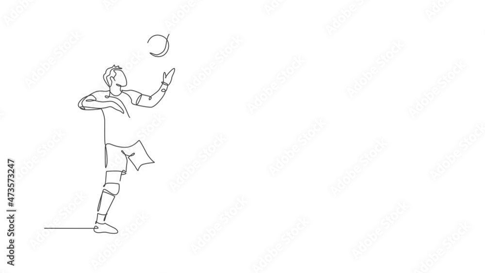 Animated self drawing of one continuous line draw young male professional volleyball player in action serve ball on court. Healthy competitive team sport concept. Full length single line animation. Animated self drawing of one continuous line draw young male professional volleyball player in action serve ball on court. Healthy competitive team sport concept. Full length single line animation.
