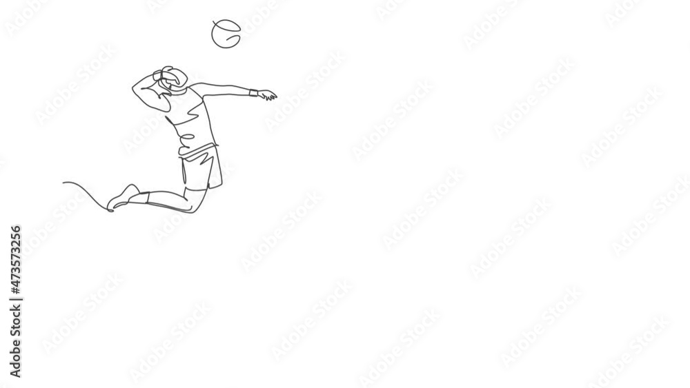 Animated self drawing of continuous line draw male young volleyball athlete player in action jumping spike on court. Team sport concept. Competition game. Full length one line animation illustration. Animated self drawing of continuous line draw male young volleyball athlete player in action jumping spike on court. Team sport concept. Competition game. Full length one line animation illustration.