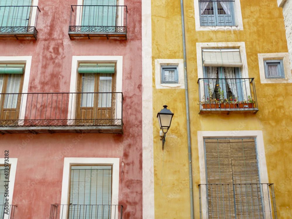 Cuenca, colorful houses, medieval town situated in the middle of 2 ravines, UNESCO world heritage site. Spain.