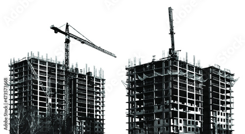Construction of two monolithic multi-storey buildings isolated on a white background. Construction tower cranes rise above the houses. Monochrome vector illustration.