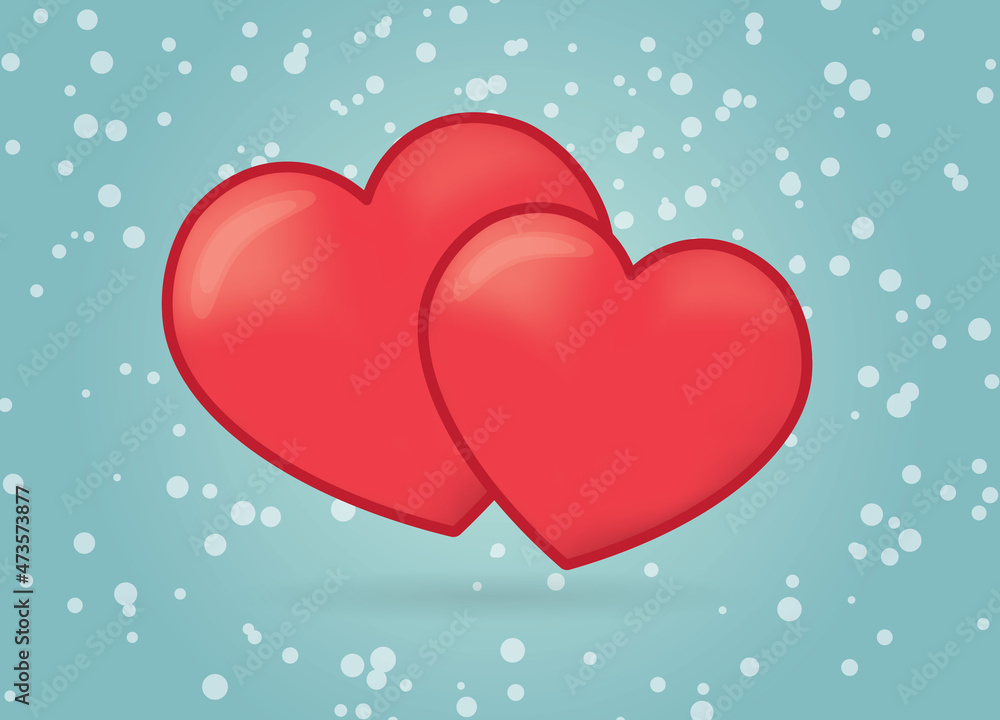 two red hearts on winter background, Valentine's Day concept- vector illustration