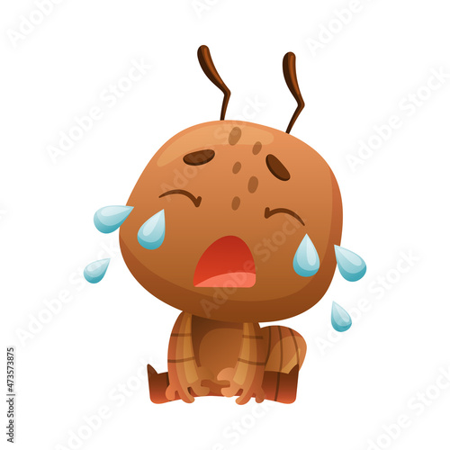 Cute unhappy brown little ant sitting and crying. Funny insect cartoon character vector illustration