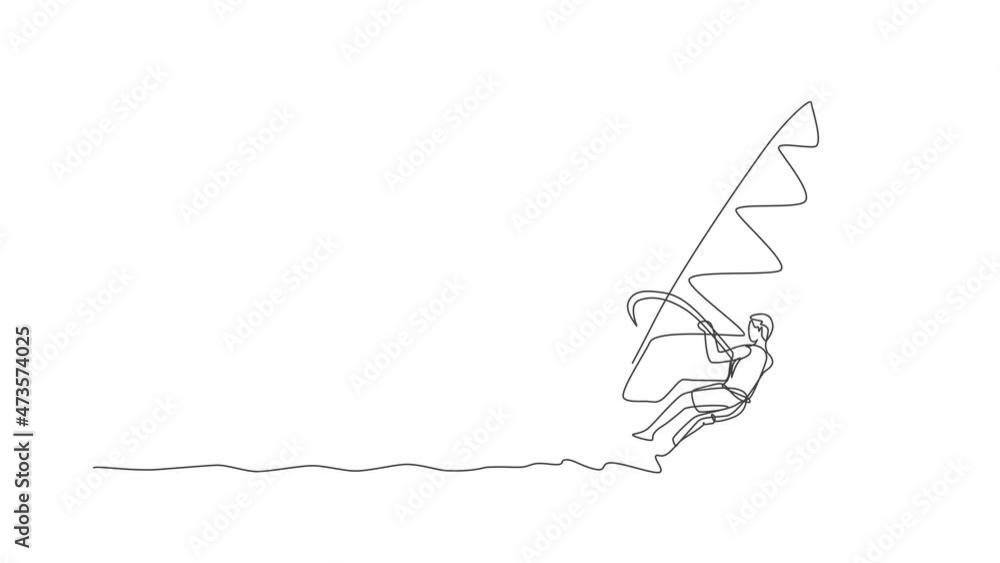 Animation of one line drawing young sporty man play windsurfing in the sea beach. Healthy lifestyle and extreme sport concept. Summer vacation. Continuous line self draw animated. Full length motion. Animation of one line drawing young sporty man play windsurfing in the sea beach. Healthy lifestyle and extreme sport concept. Summer vacation. Continuous line self draw animated. Full length motion.