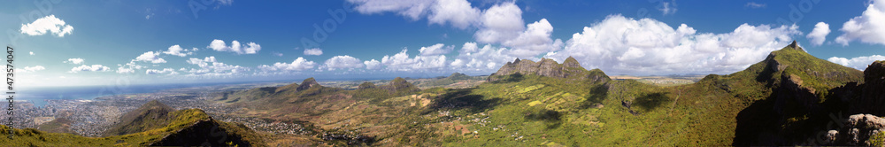 Panoramic view from top of Letard mountain ridge lcoated at Vallée Pitot, Mauritius