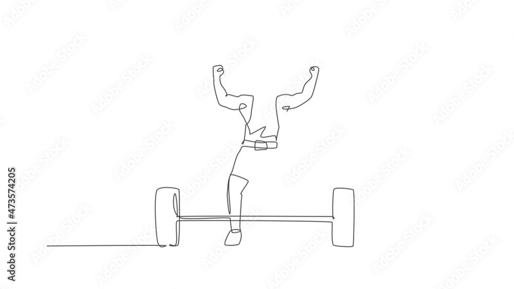 Animated self drawing of one continuous line draw young bodybuilder man doing exercise with a heavy weight bar in gym. Powerlifter train weightlifting concept. Full length single line animation.