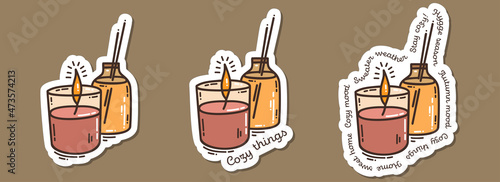 Colorful hand-drawn autumn sticker set with aroma candle and stick in doodle style and lettering isolated on white background. Cute vector collection for seasonal decoration.