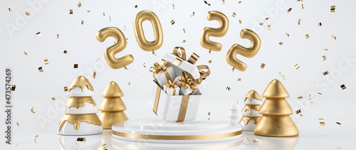 White And Golden Modern, Trendy Christmas Trees, Gift Boxes, 2022 Balloons And Confetti On White Background. New Year Concept- 3D Illustration	
