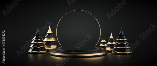 Modern Black And Golden Podium / Stage With Christmas Trees On Black Background. Empty Space. New Year Concept - 3D Illustration	
