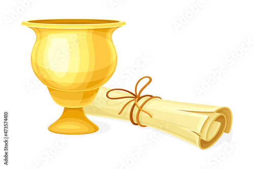 Ancient vase and ancient papyrus scroll. Archeological artifact vector illustration