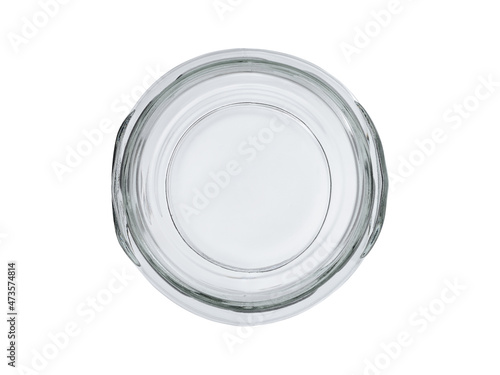Empty, open glass jar with a wide neck. Isolated on a white background, top view