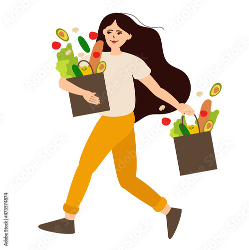Woman at grocery store. Shopping concept. Cartoon young female making purchases. Isolated cute girl carrying bags with food products. Vector character buys fruit and vegetables in greengrocer shop