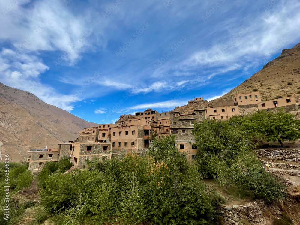 Panorama of beautiful Berber village in the High Atlas Mountains. Imlil valley, Morocco.